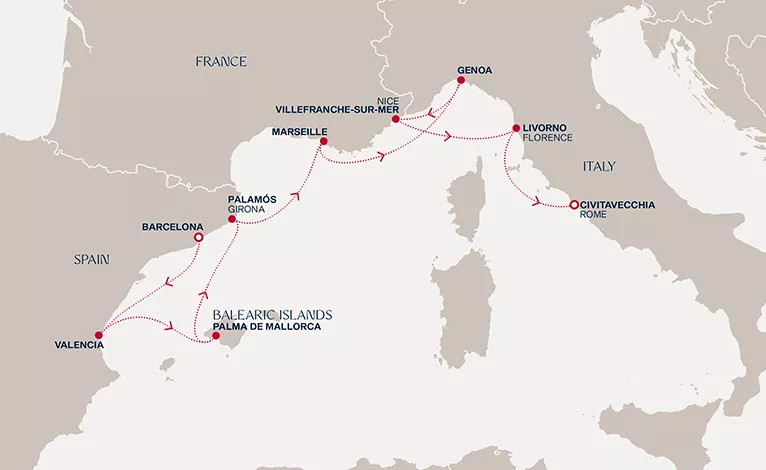 Explora II January 24-February 2 2027 cruise route map from Barcelona to Civitavecchia (Rome)