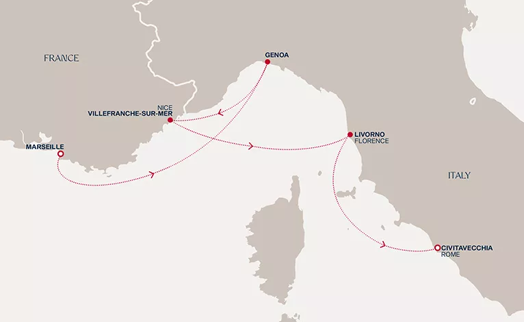 Explora II January 29-February 2 2027 cruise route map from Marseille to Civitavecchia (Rome)