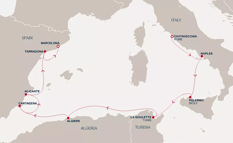 Explora II February 2-11 2027 cruise route map from Civitavecchia (Rome) to Barcelona