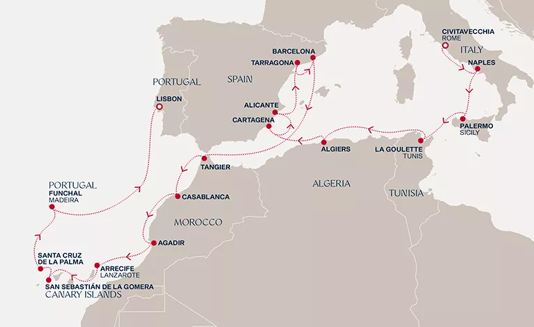 Explora II February 2-23 2027 cruise route map from Civitavecchia (Rome) to Lisbon
