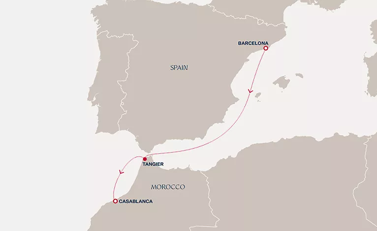 Explora II February 11-15 2027 cruise route map from Barcelona to Casablanca