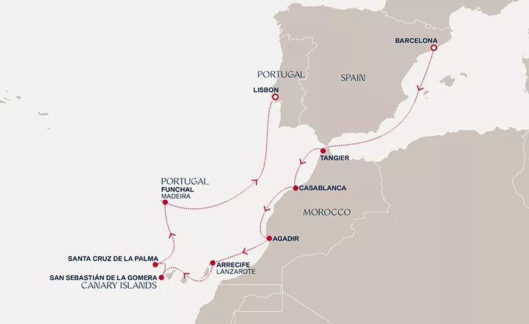 Explora II February 11-23 2027 cruise route map from Barcelona to Lisbon