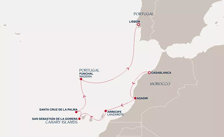 Explora II February 15-23 2027 cruise route map from Casablanca to Lisbon