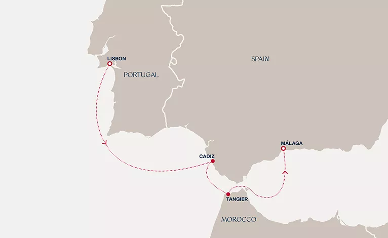 Explora II February 23-27 2027 cruise route map from Lisbon to Málaga