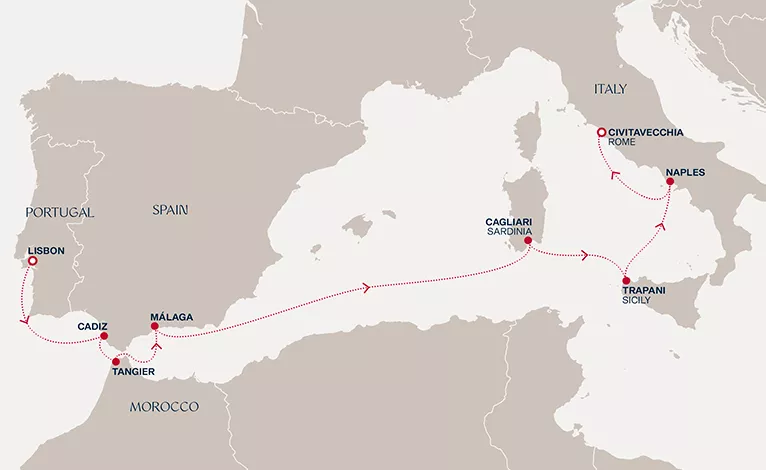 Explora II February 23-March 5 2027 cruise route map from Lisbon to Civitavecchia (Rome)