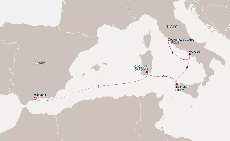 Explora II February 27-March 5 2027 cruise route map from Málaga to Civitavecchia (Rome)