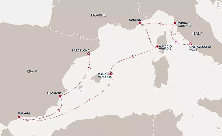 Explora II March 5-14 2027 cruise route map from Civitavecchia (Rome) to Barcelona