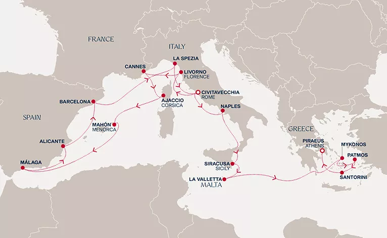 Explora II March 5-25 2027 cruise route map from Civitavecchia (Rome) to Piraeus (Athens)