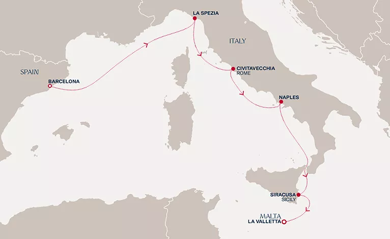 Explora II March 14-20 2027 cruise route map from Barcelona to La Valletta