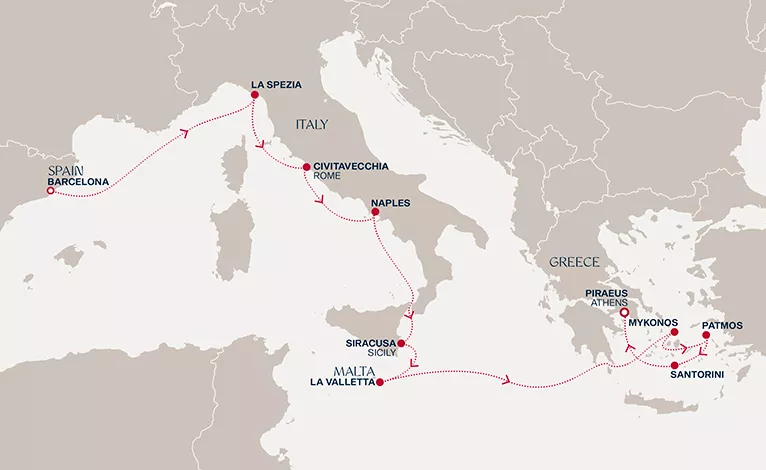 Explora II March 14-25 2027 cruise route map from Barcelona to Piraeus (Athens)