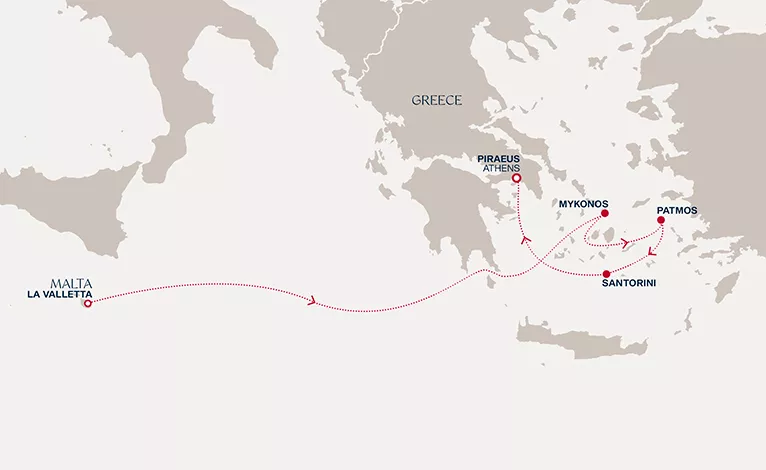 Explora II March 20-25 2027 cruise route map from La Valletta to Piraeus (Athens)