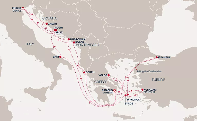Explora II March 25-April 14 2027 cruise route map from Piraeus (Athens) to Fusina (Venice)