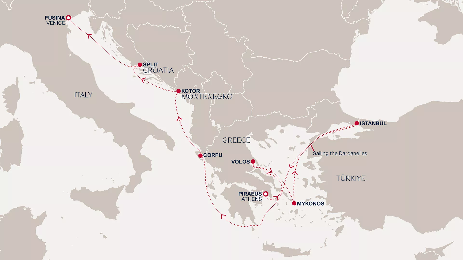 Explora II March 25-April 4 2027 cruise route map from Piraeus (Athens) to Fusina (Venice)