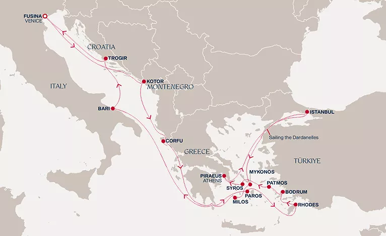 Explora II April 14-May 3 2027 cruise route map from Fusina (Venice) to Fusina (Venice)