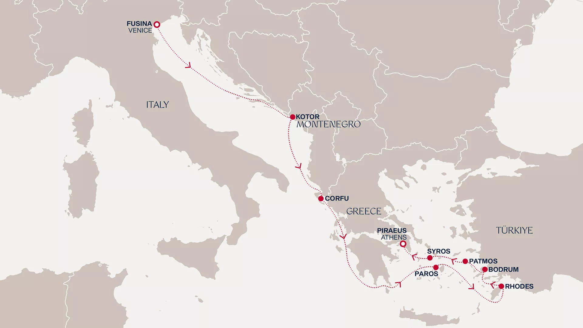 Explora II April 14-24 2027 cruise route map from Fusina (Venice) to Piraeus (Athens)