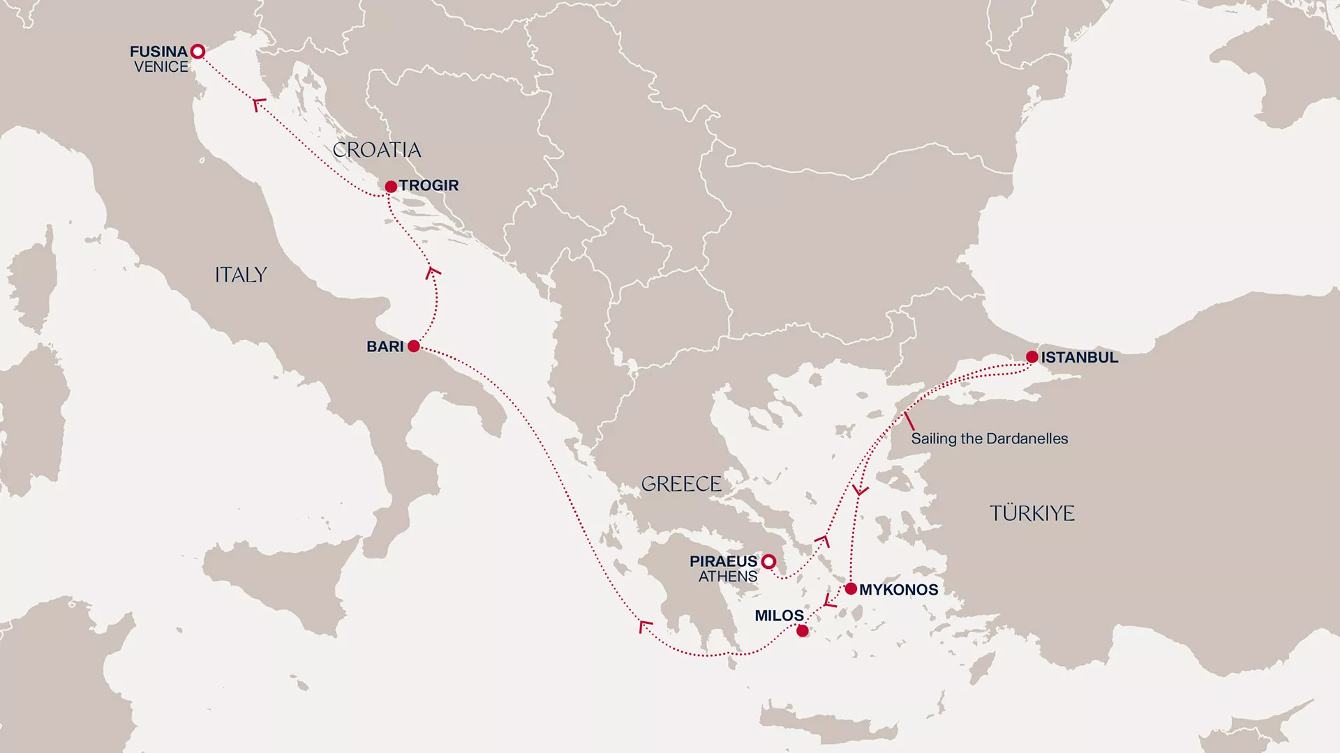 Explora II April 24-May 3 2027 cruise route map from Piraeus (Athens) to Fusina (Venice)