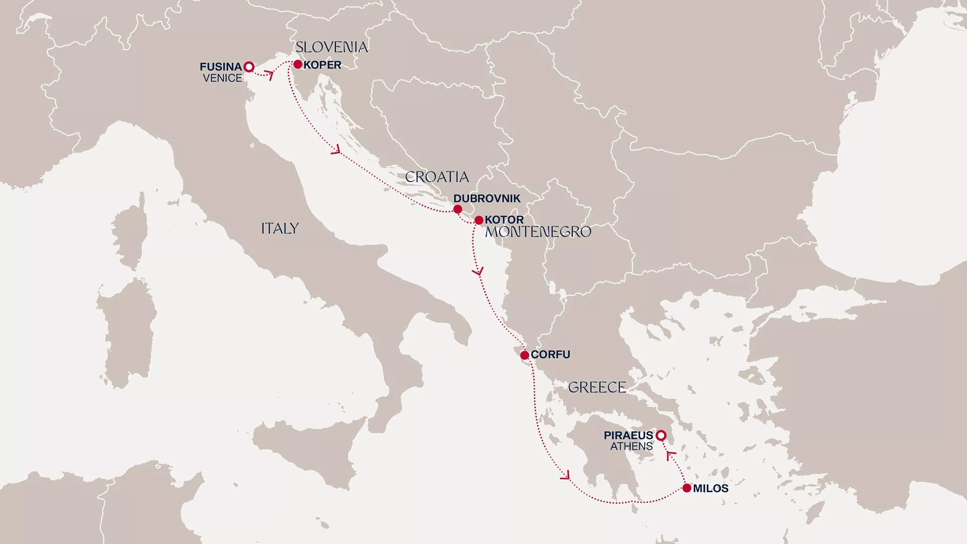 Explora II May 3-10 2027 cruise route map from Fusina (Venice) to Piraeus (Athens)