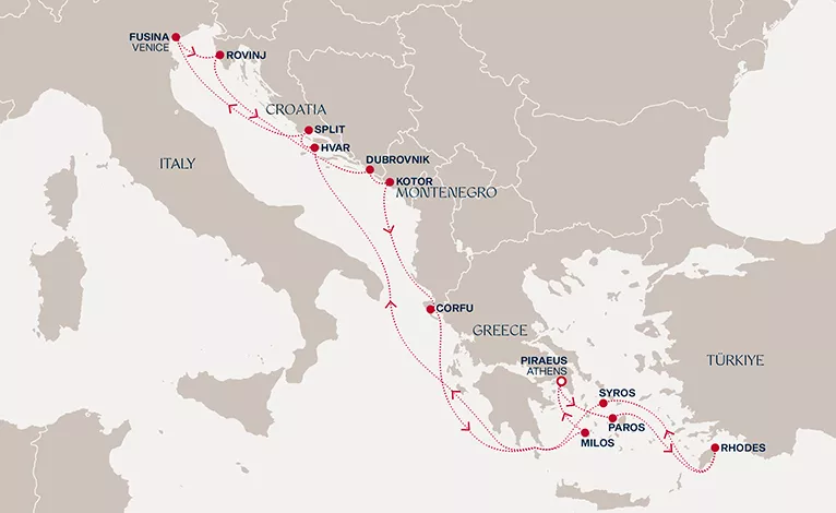 Explora II May 24-June 7 2027 cruise route map from Piraeus (Athens) to Piraeus (Athens)