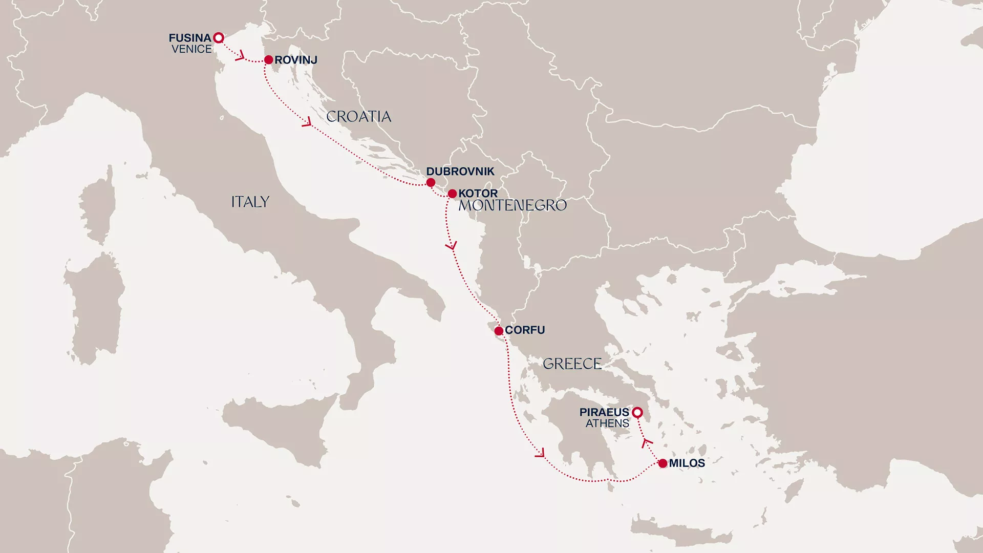 Explora II May 31-June 7 2027 cruise route map from Fusina (Venice) to Piraeus (Athens)