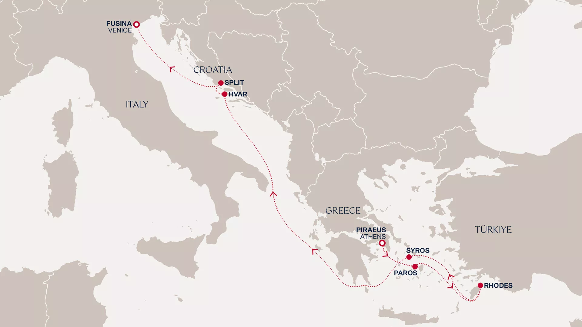 Explora II July 5-12 2027 cruise route map from Piraeus (Athens) to Fusina (Venice)