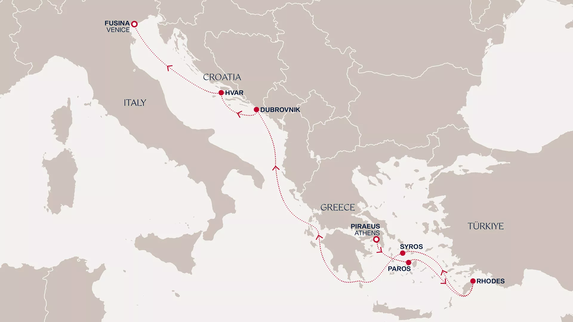Explora II July 26-August 2 2027 cruise route map from Piraeus (Athens) to Fusina (Venice)
