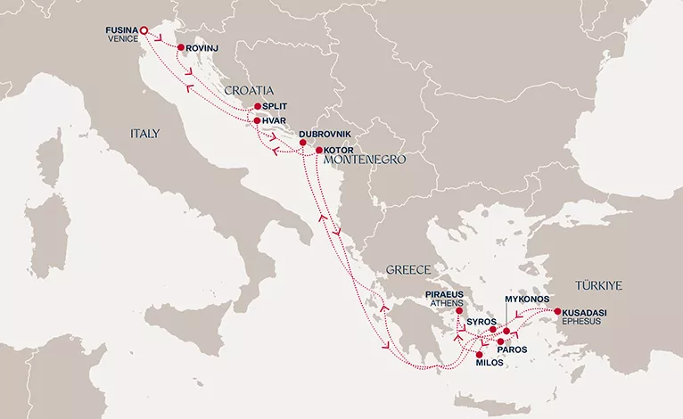 Explora II August 2-16 2027 cruise route map from Fusina (Venice) to Fusina (Venice)