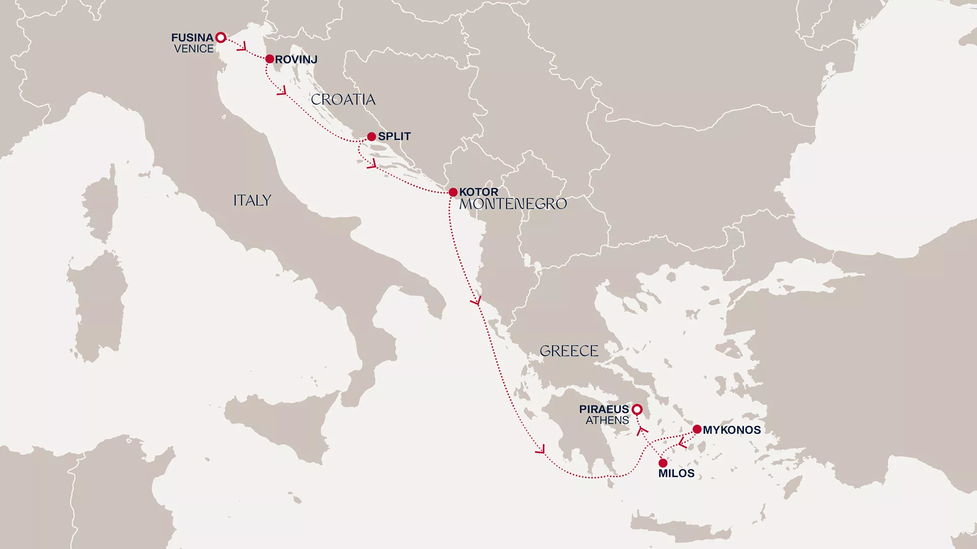 Explora II August 2-9 2027 cruise route map from Fusina (Venice) to Piraeus (Athens)