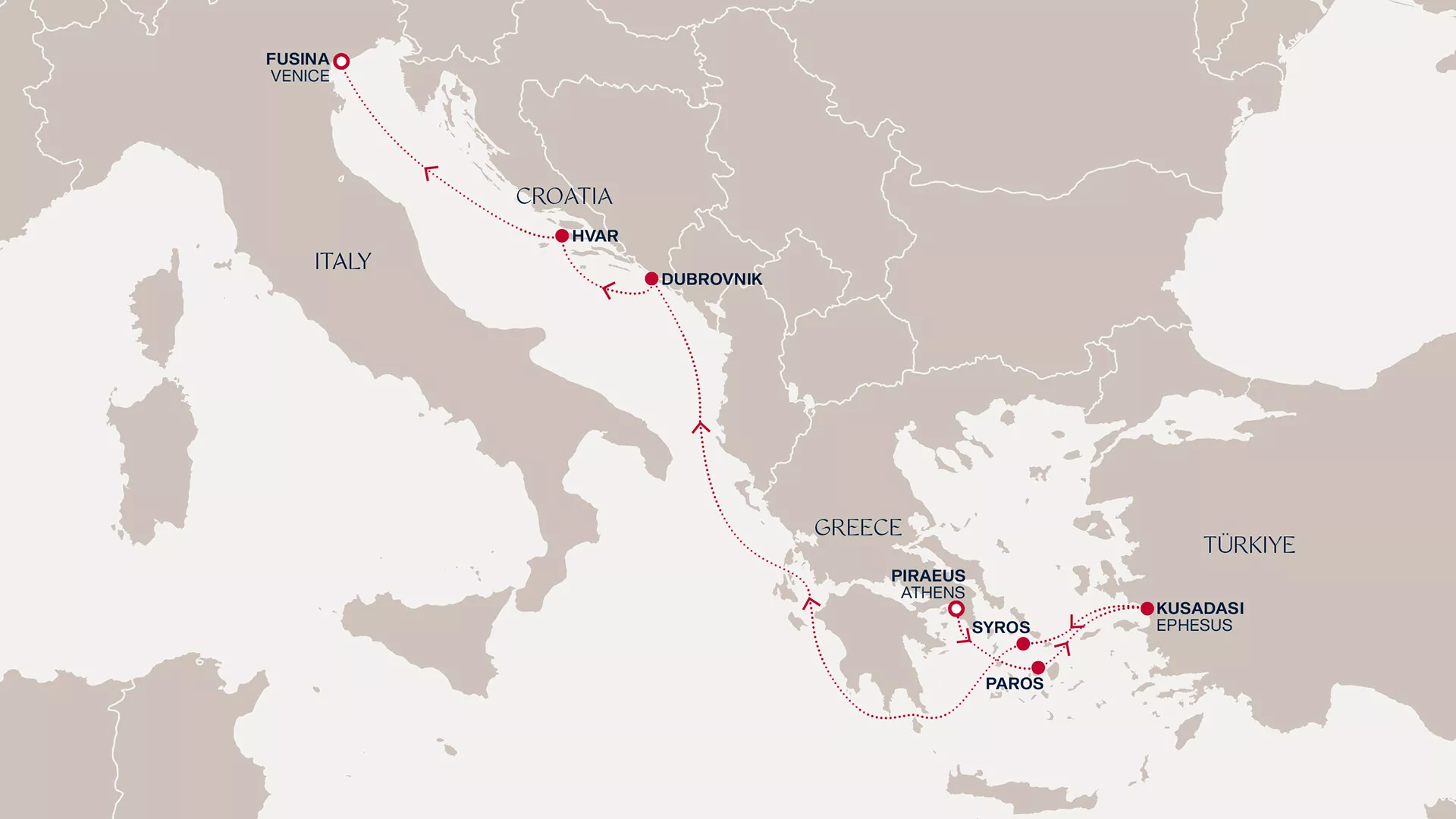 Explora II August 9-16 2027 cruise route map from Piraeus (Athens) to Fusina (Venice)