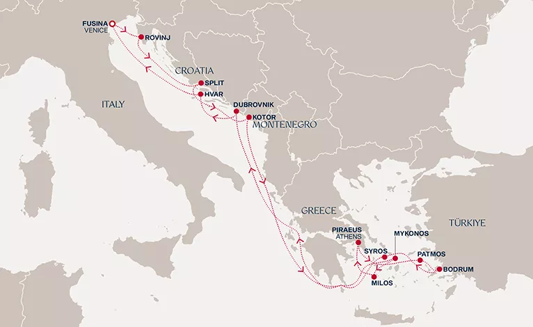 Explora II August 16-30 2027 cruise route map from Fusina (Venice) to Fusina (Venice)