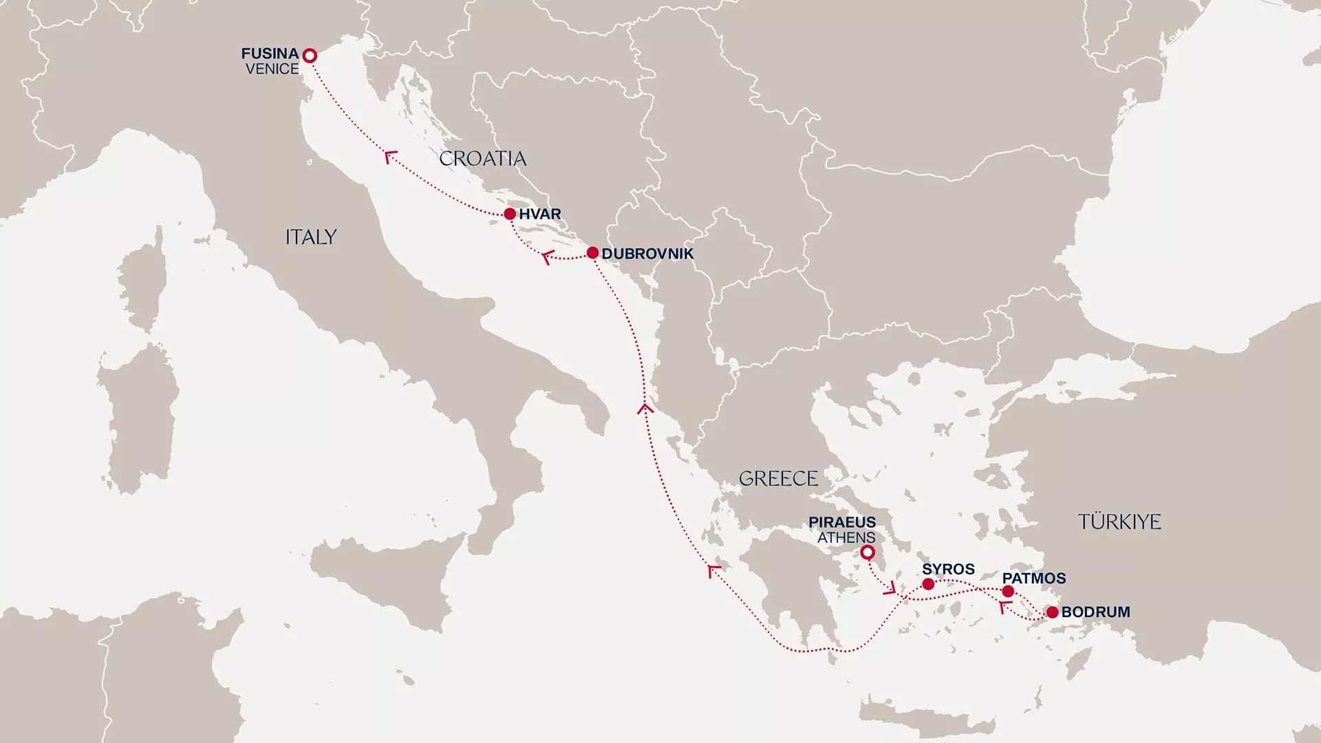 Explora II August 23-30 2027 cruise route map from Piraeus (Athens) to Fusina (Venice)