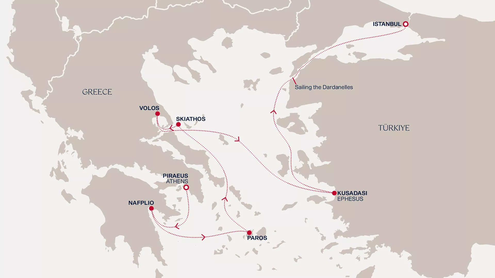Explora II September 6-13 2027 cruise route map from Piraeus (Athens) to Istanbul