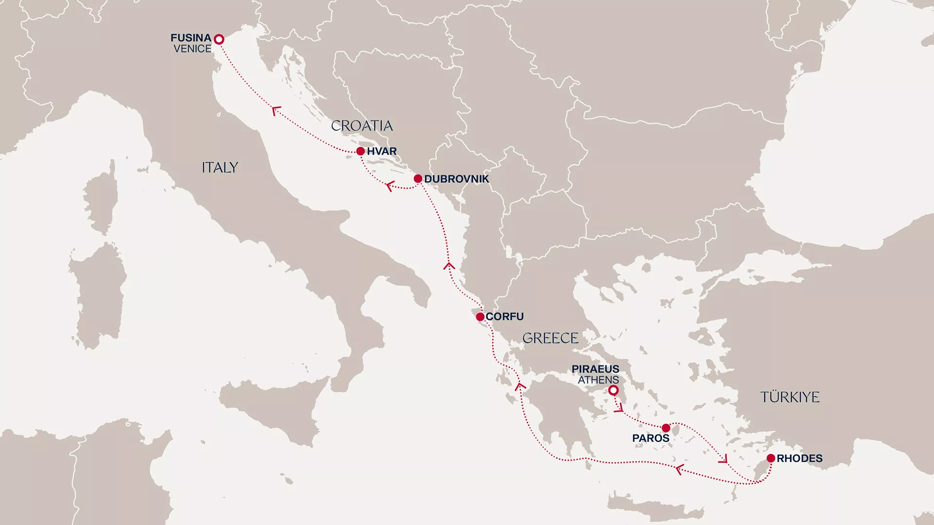 Explora II September 20-27 2027 cruise route map from Piraeus (Athens) to Fusina (Venice)