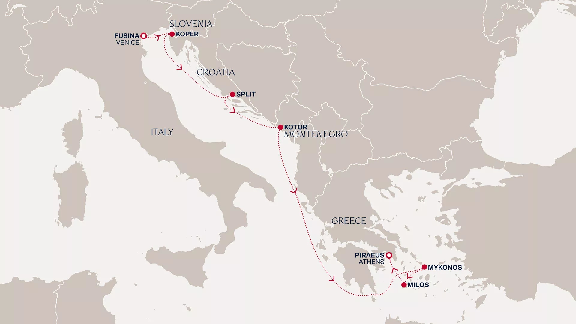 Explora II September 27-October 4 2027 cruise route map from Fusina (Venice) to Piraeus (Athens)