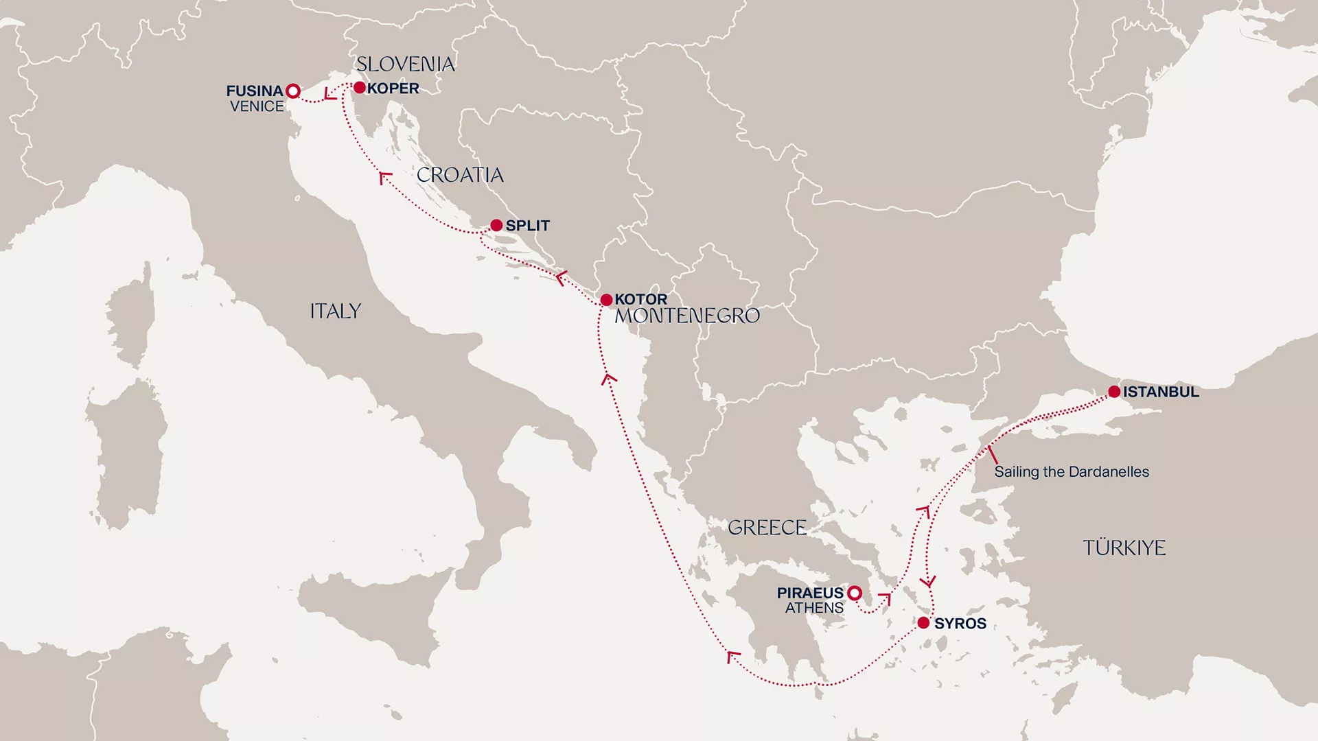 Explora II October 18-27 2027 cruise route map from Piraeus (Athens) to Fusina (Venice)
