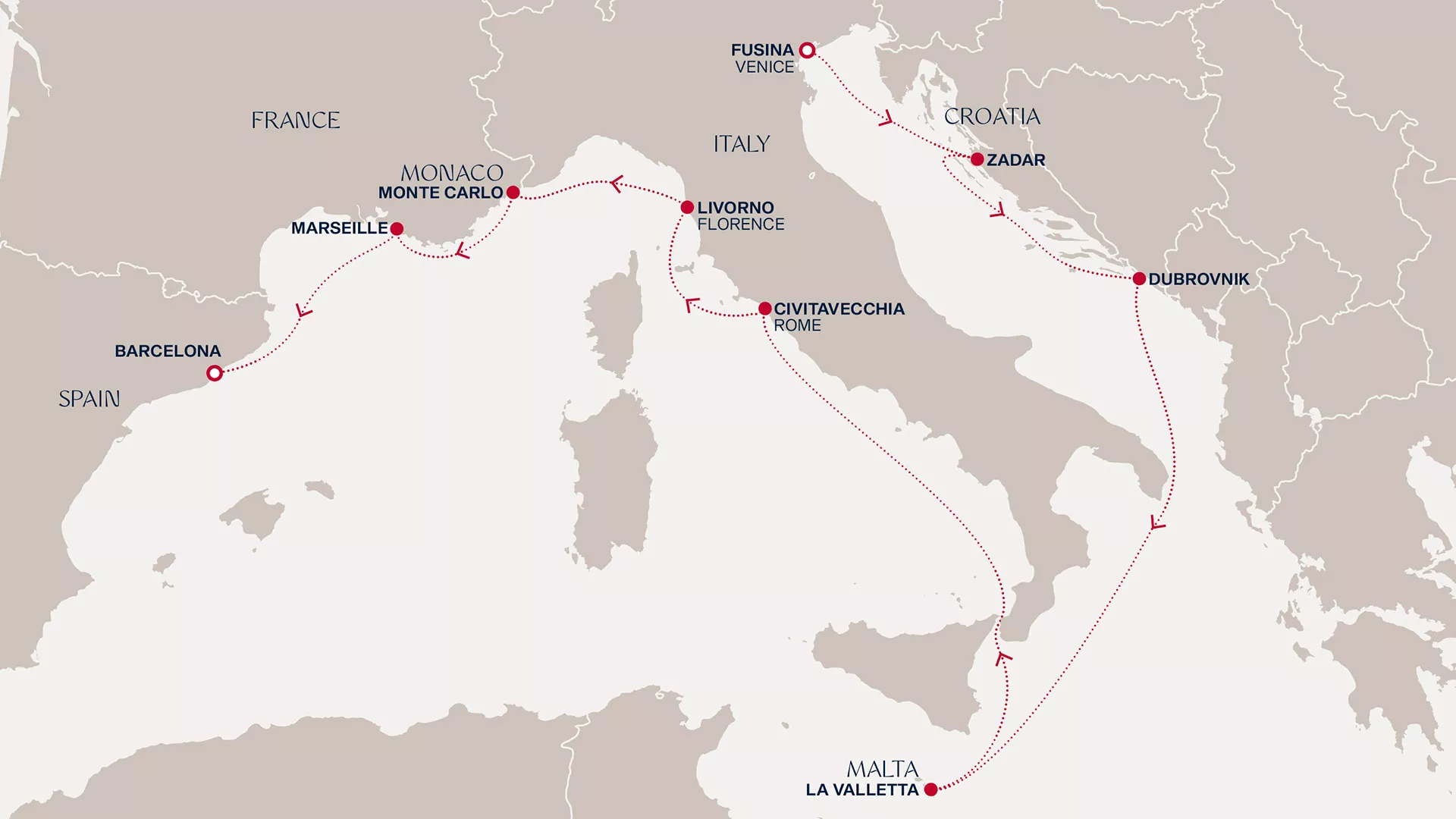 Explora II October 27-November 6 2027 cruise route map from Fusina (Venice) to Barcelona