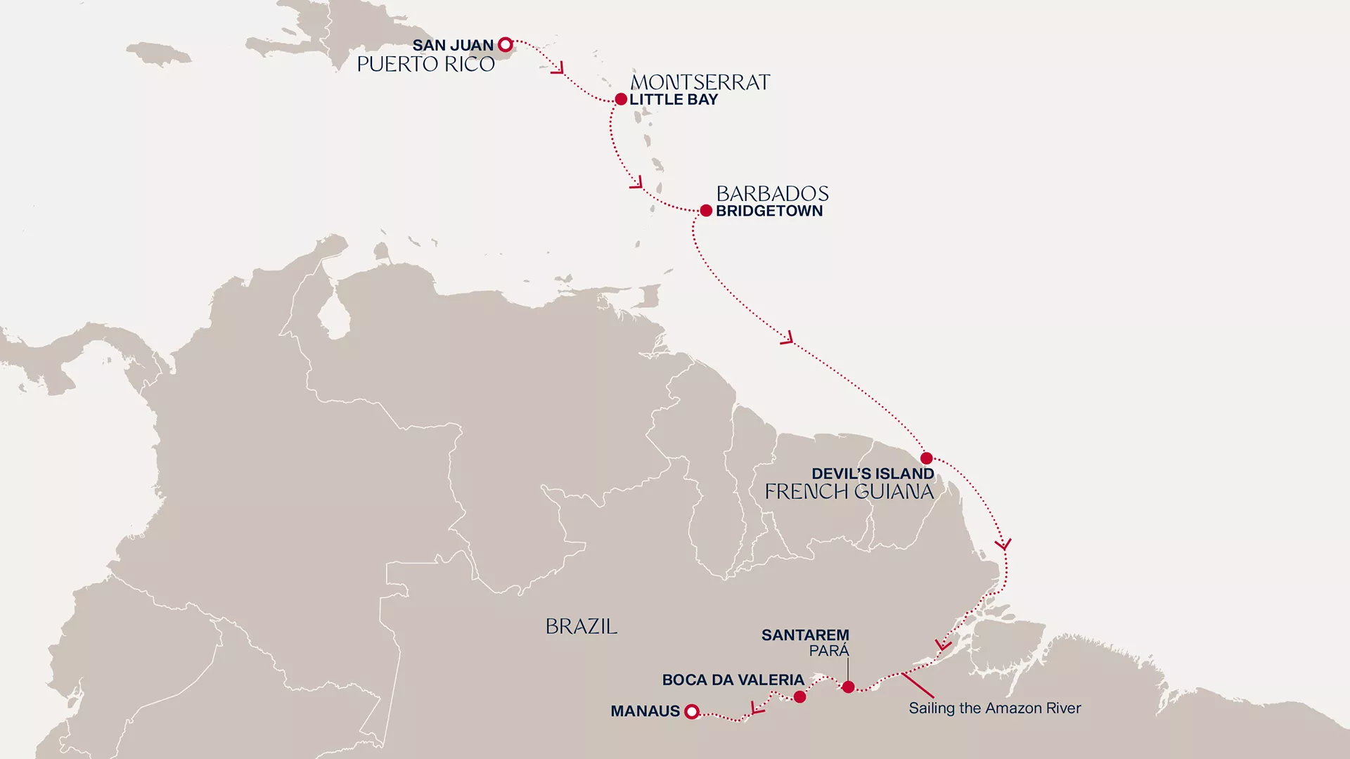 Explora II February 6-17 2028 cruise route map from San Juan to Manaus