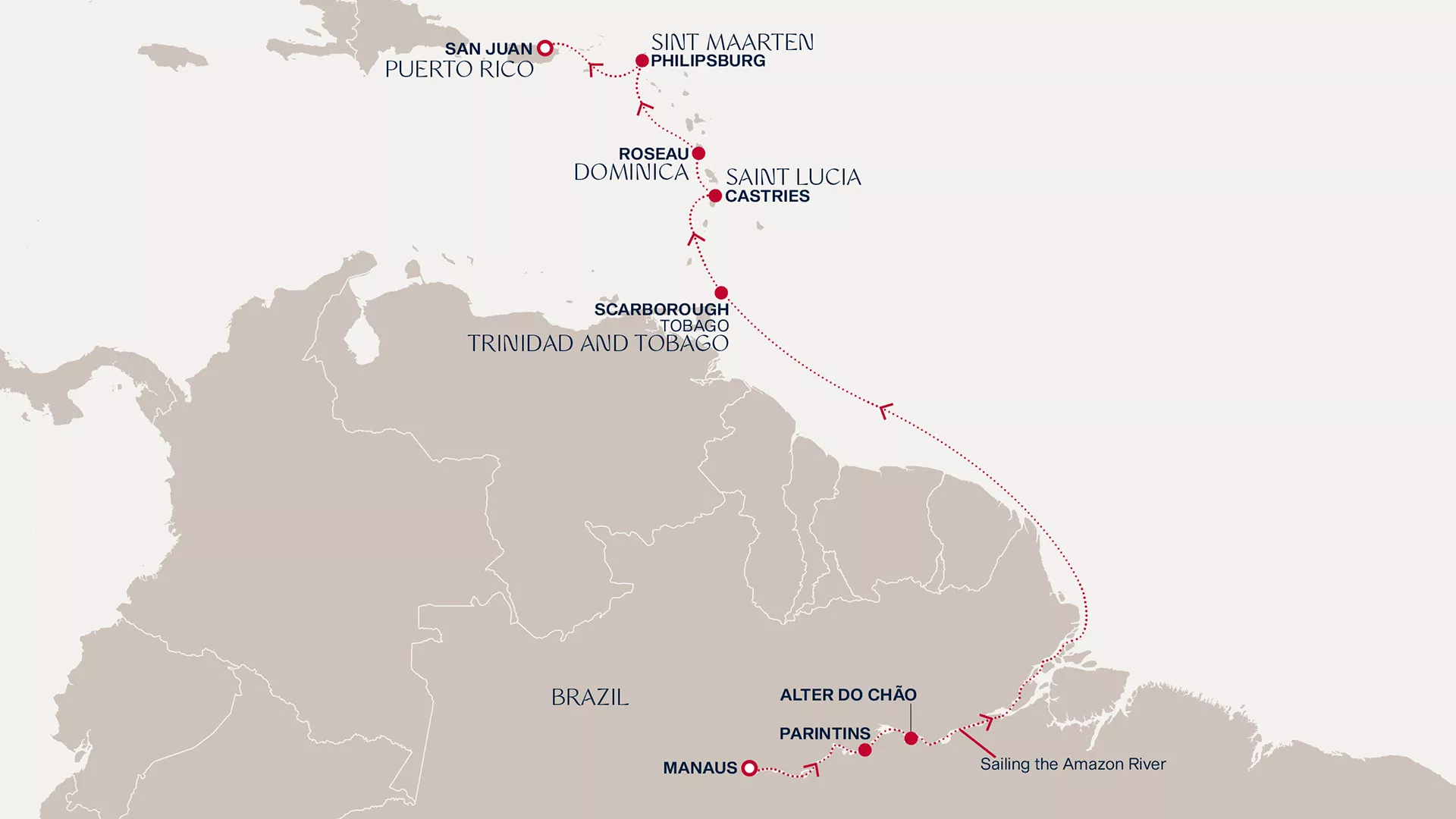 Explora II February 17-27 2028 cruise route map from Manaus to San Juan
