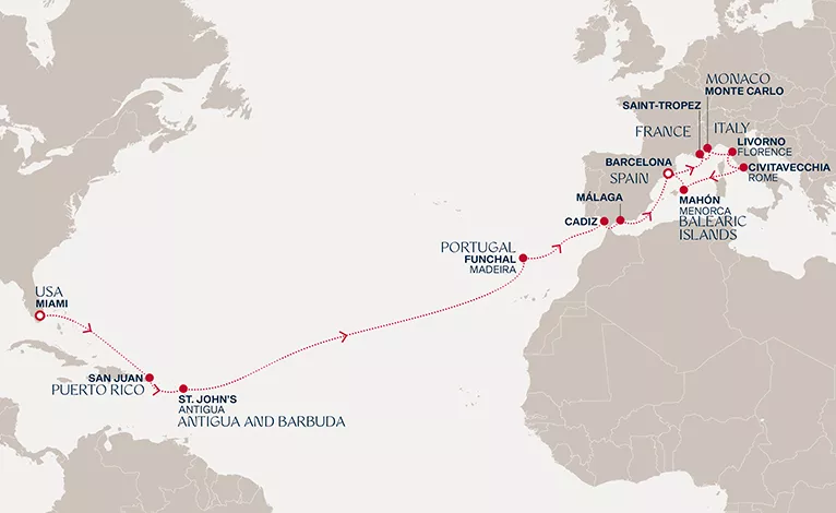 Explora II March 19-April 11 2028 cruise route map from Miami to Barcelona