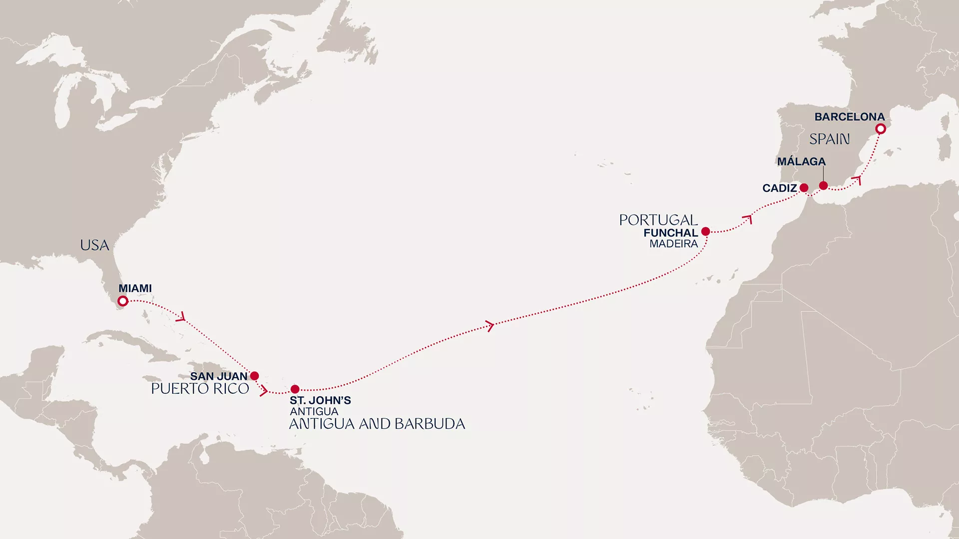 Explora II March 19-April 4 2028 cruise route map from Miami to Barcelona