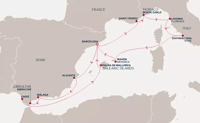 Explora II April 4-18 2028 cruise route map from Barcelona to Barcelona