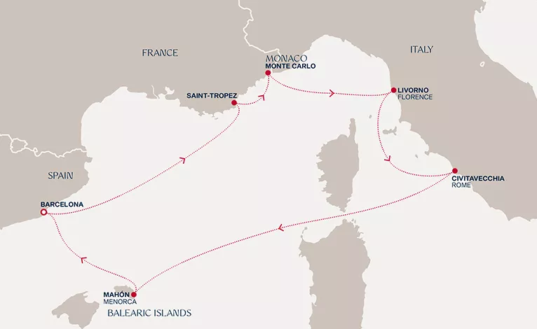 Explora II April 4-11 2028 cruise route map from Barcelona to Barcelona