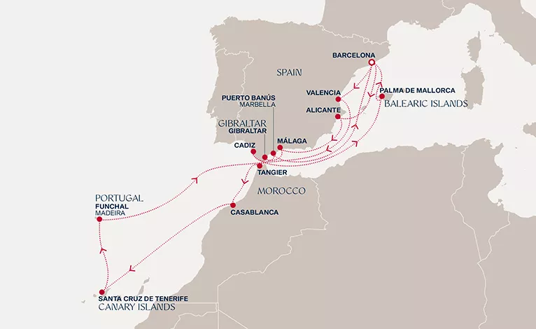 Explora II April 11-29 2028 cruise route map from Barcelona to Barcelona