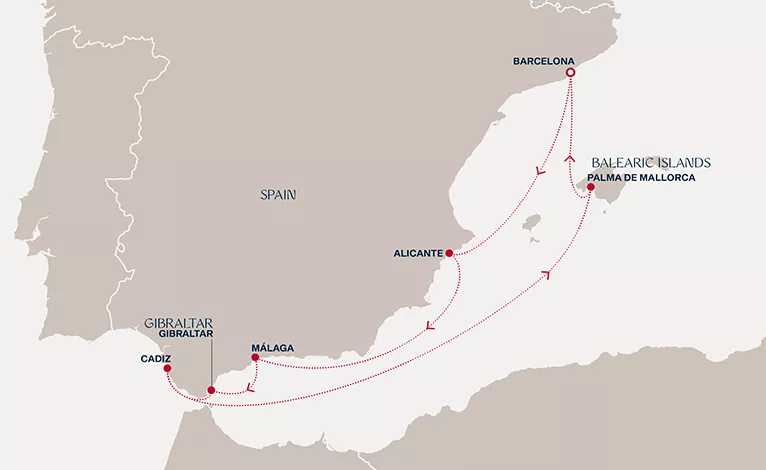 Explora II April 11-18 2028 cruise route map from Barcelona to Barcelona