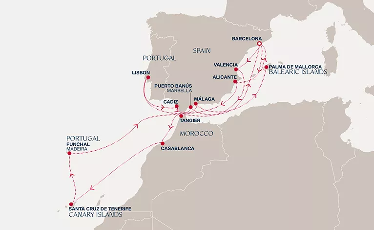 Explora II April 18-May 8 2028 cruise route map from Barcelona to Barcelona
