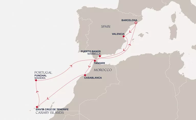 Explora II April 18-29 2028 cruise route map from Barcelona to Barcelona