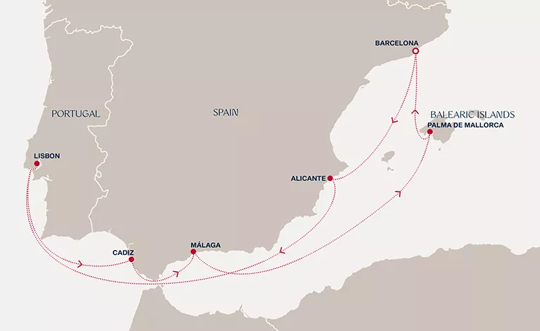 Explora II April 29-May 8 2028 cruise route map from Barcelona to Barcelona