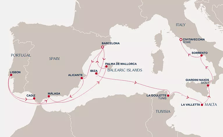 Explora II April 29-May 15 2028 cruise route map from Barcelona to Civitavecchia (Rome)