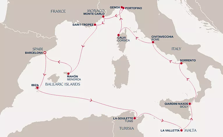 Explora II May 8-22 2028 cruise route map from Barcelona to Barcelona