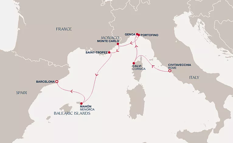 Explora II May 15-22 2028 cruise route map from Civitavecchia (Rome) to Barcelona