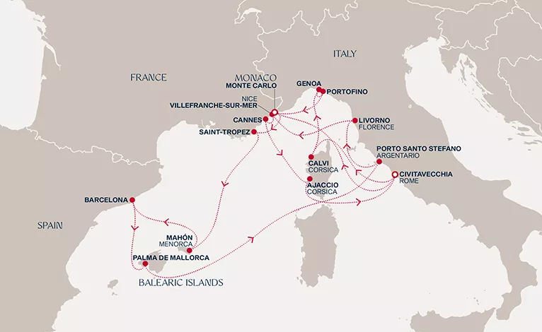 Explora II May 15-31 2028 cruise route map from Civitavecchia (Rome) to Monte Carlo